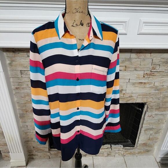 Chico's multi color striped button‎ down long sleeve shirt size 2 Large - Picture 1 of 6
